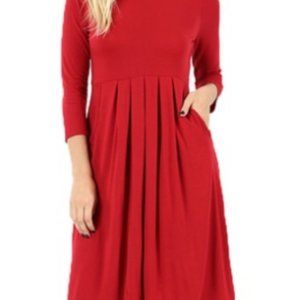 3/4 Sleeve Pleated Dress With Pockets